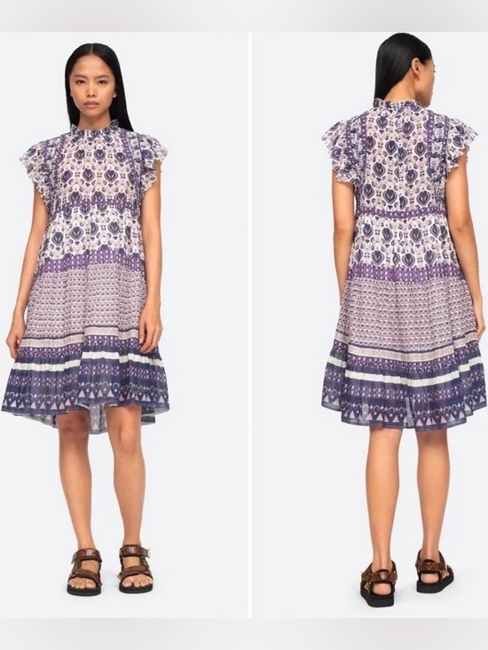 Sea New York Dresses & Skirts - Sea New York Brigitte Border Midi Dress Purple and Cream Boho Tiered Size XL